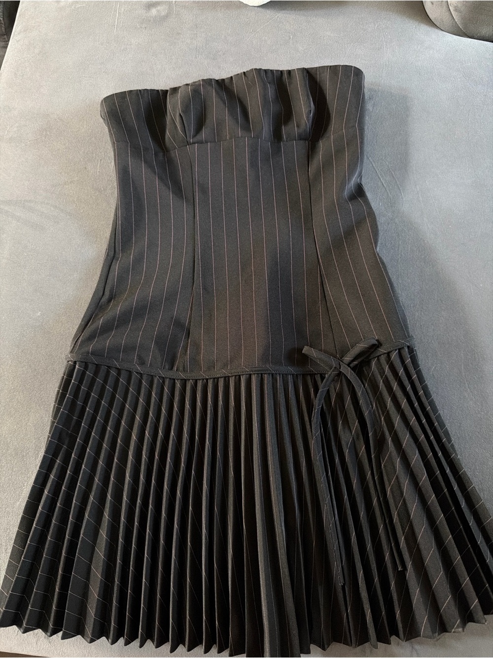 Strapless Black Pinstripe Pleated-Hem Dress